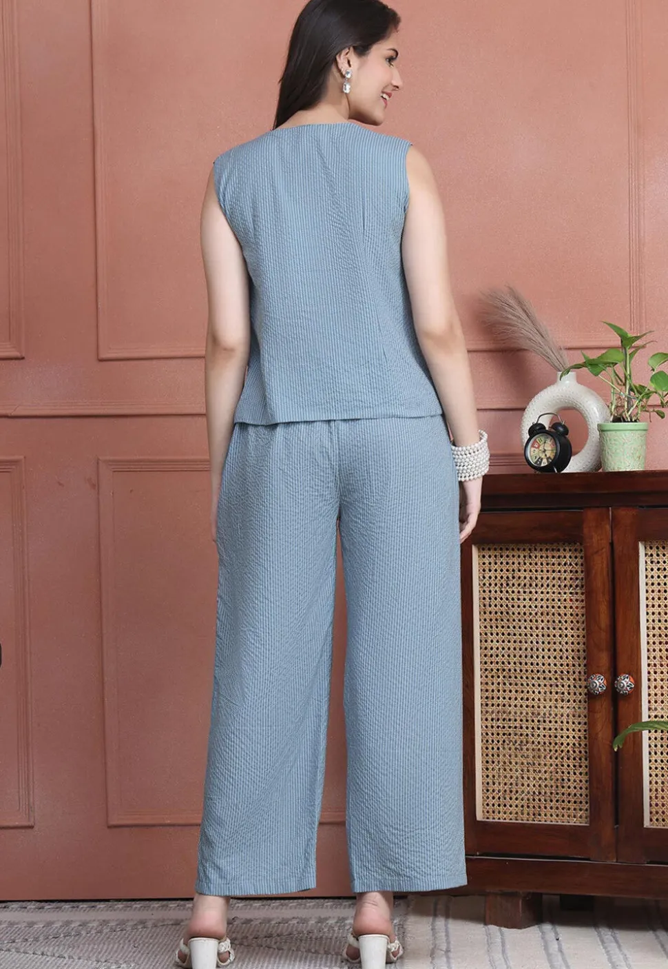 Stripe Printed Pure Cotton Lurex Co Ord Set in Sky Blue