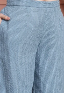 Stripe Printed Pure Cotton Lurex Co Ord Set in Sky Blue