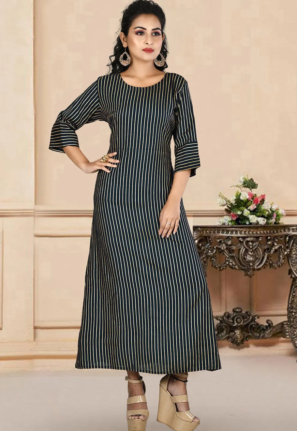 Stripe Printed Rayon Long Kurta in Navy Blue
