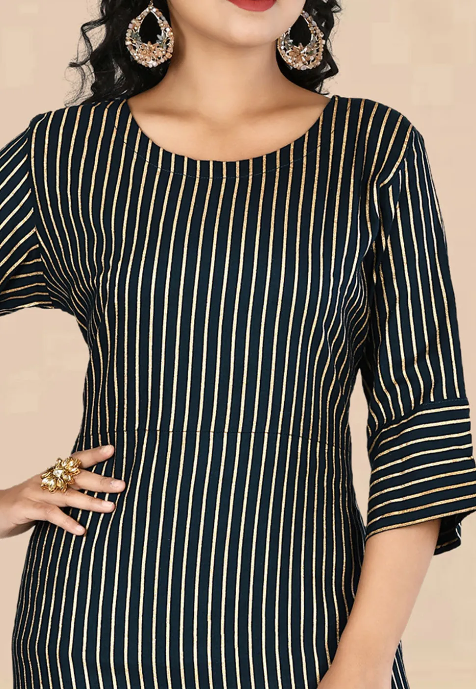Stripe Printed Rayon Long Kurta in Navy Blue