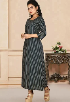 Stripe Printed Rayon Long Kurta in Navy Blue