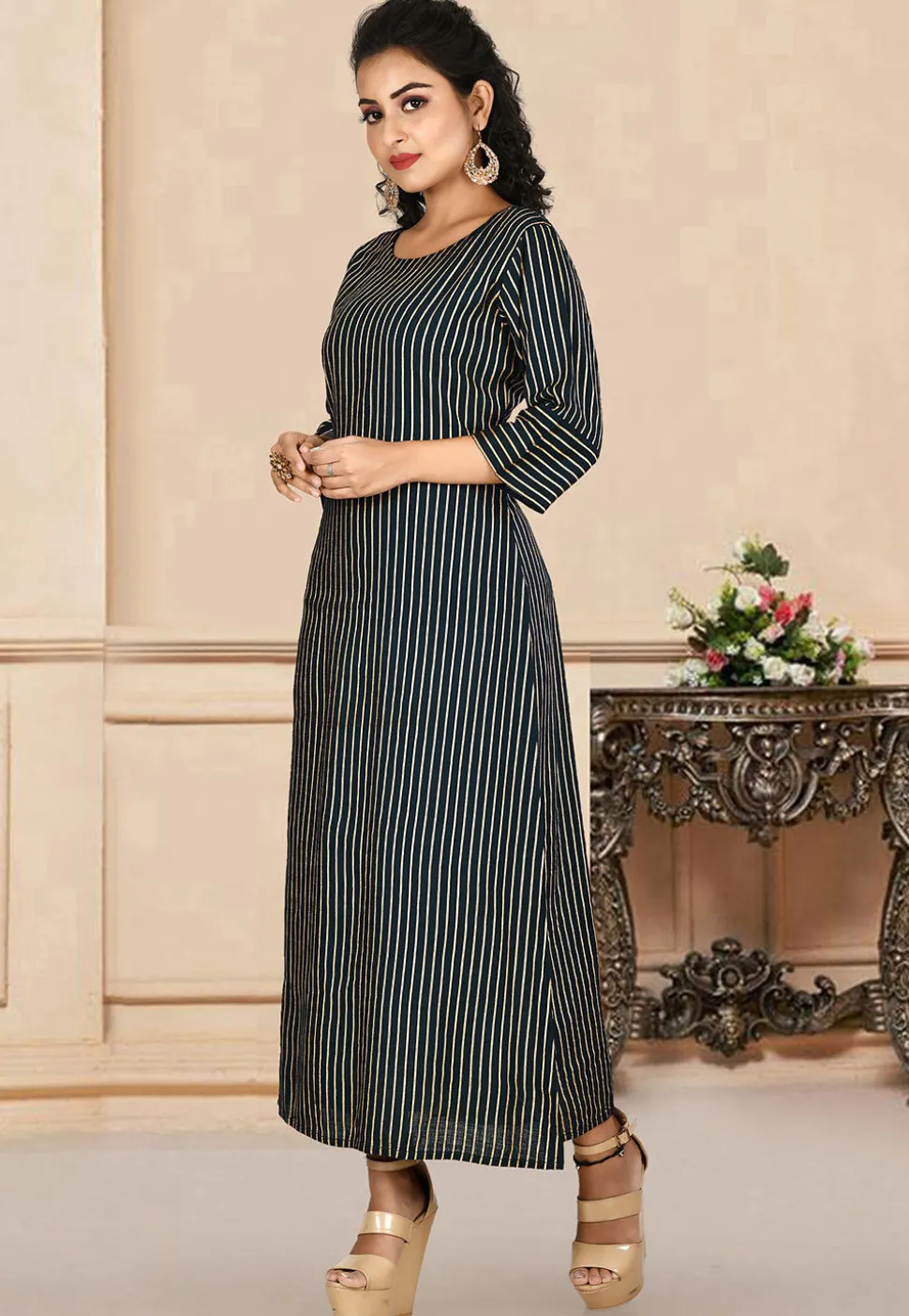 Stripe Printed Rayon Long Kurta in Navy Blue