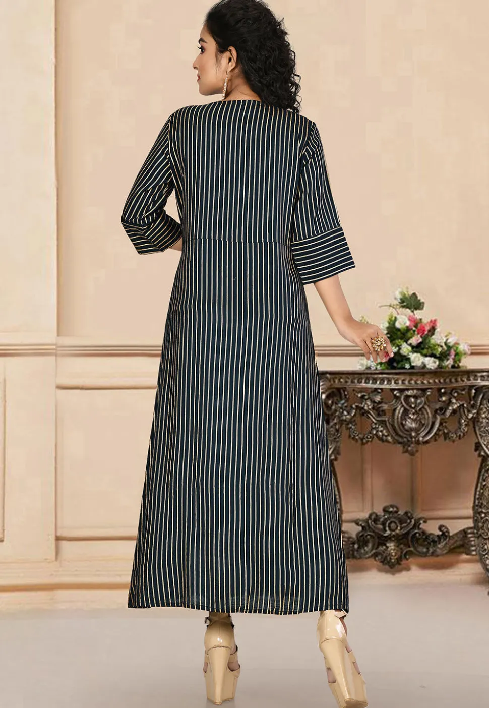 Stripe Printed Rayon Long Kurta in Navy Blue