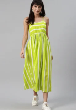 Stripe Printed Rayon Midi Dress in Light Green