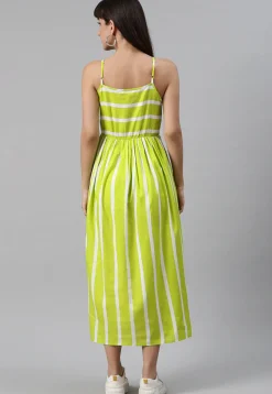 Stripe Printed Rayon Midi Dress in Light Green