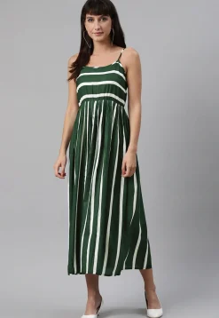 Stripe Printed Rayon Midi Dress in Green
