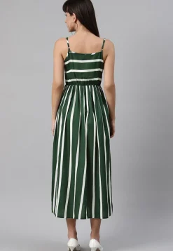 Stripe Printed Rayon Midi Dress in Green