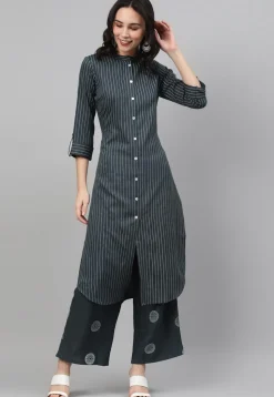 Stripe Printed Rayon Pakistani Suit in Grey