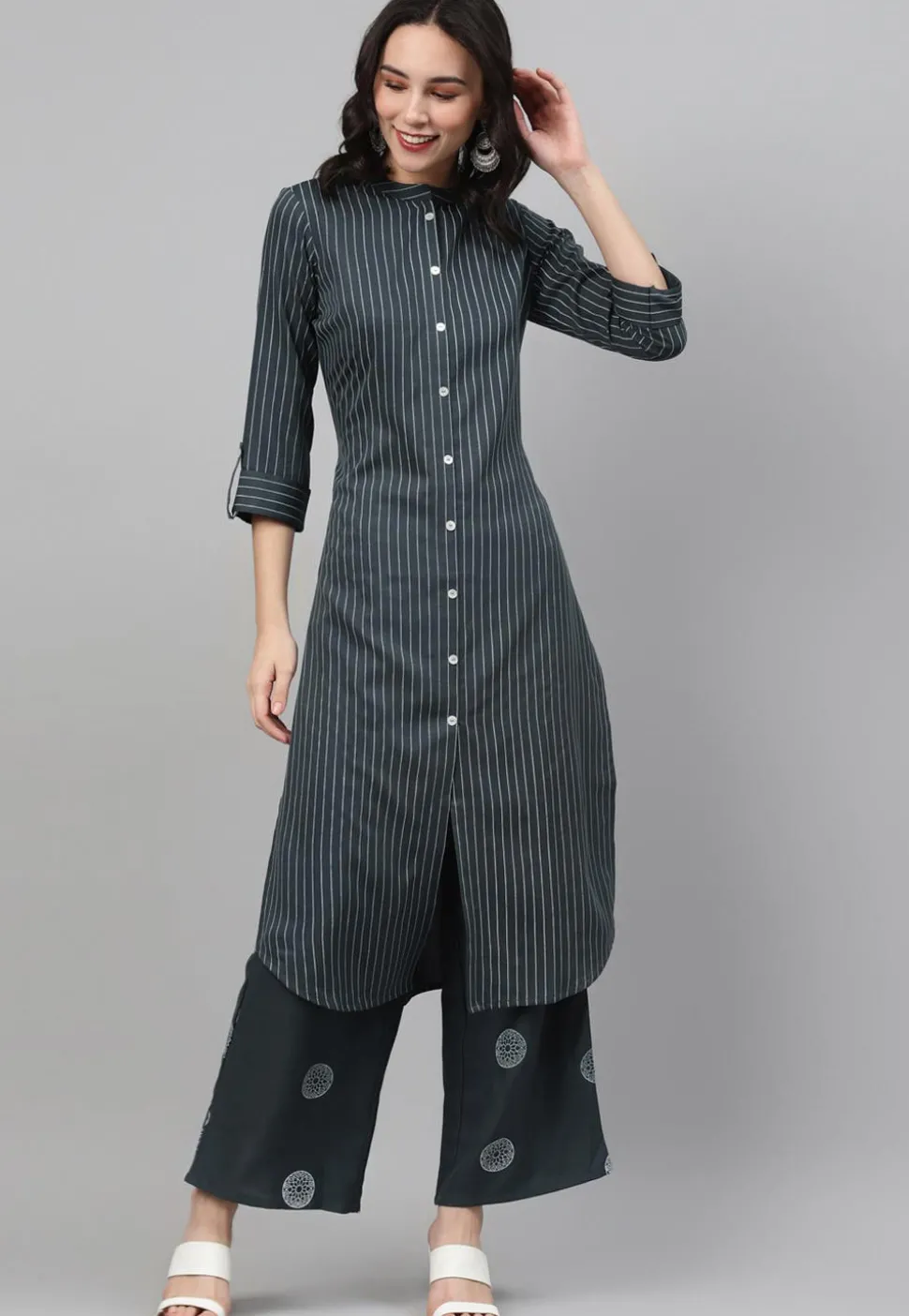 Stripe Printed Rayon Pakistani Suit in Grey