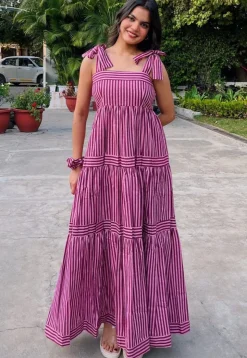 Stripe Printed Rayon Tiered Gown in Pink