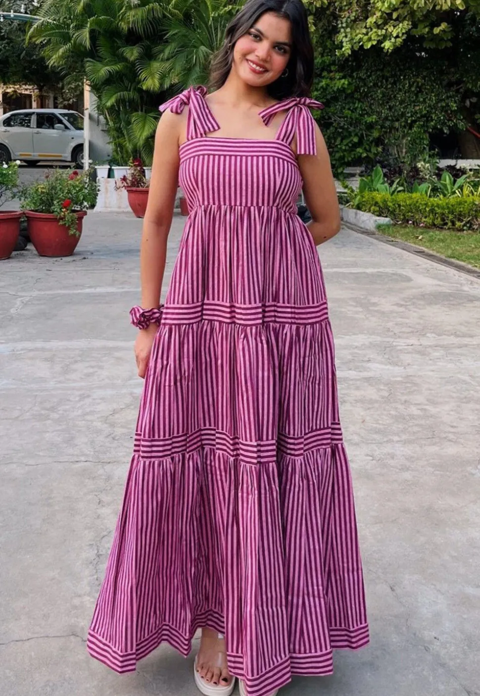 Stripe Printed Rayon Tiered Gown in Pink