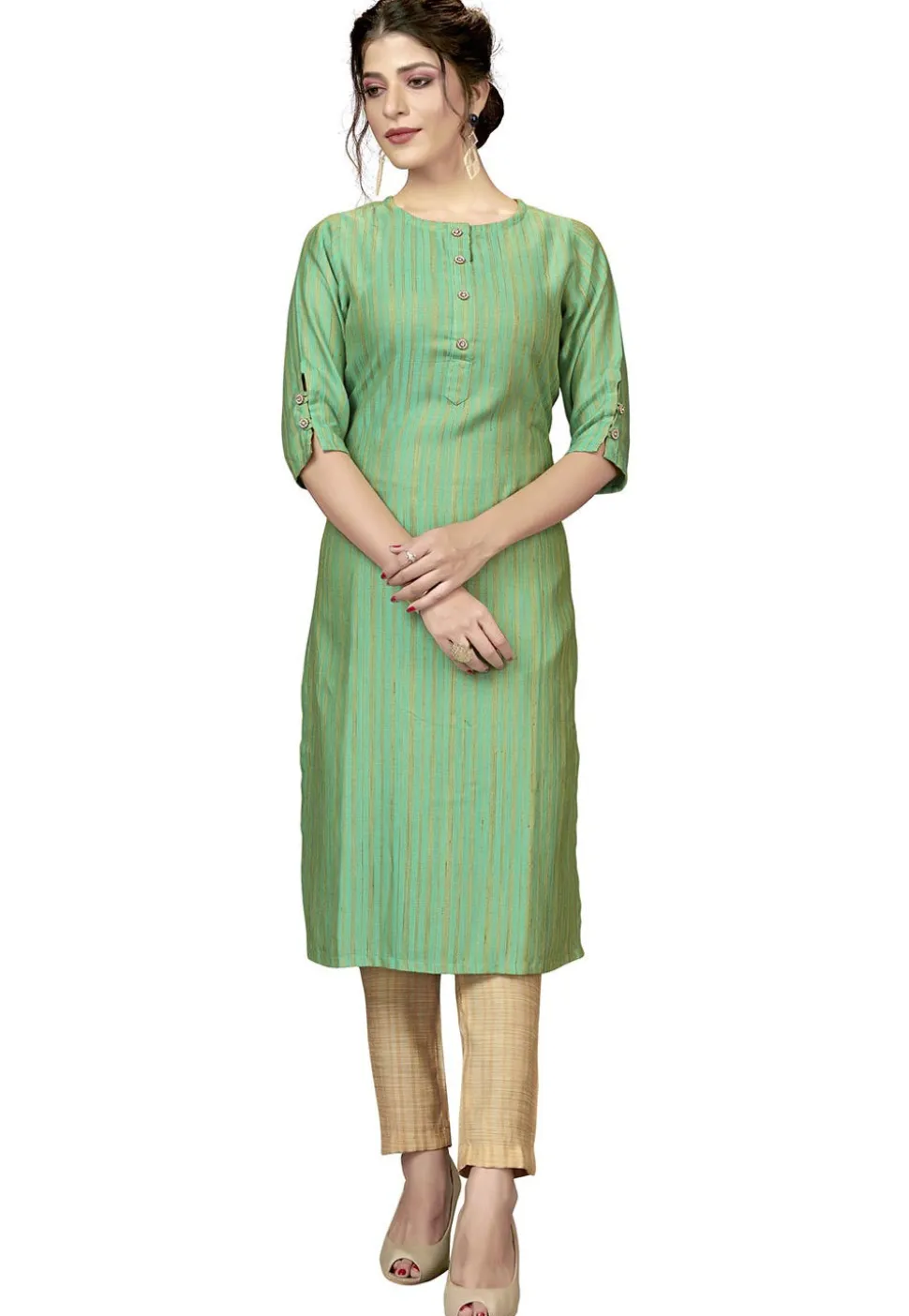 Stripe Printed Viscose Straight Kurta in Light Green