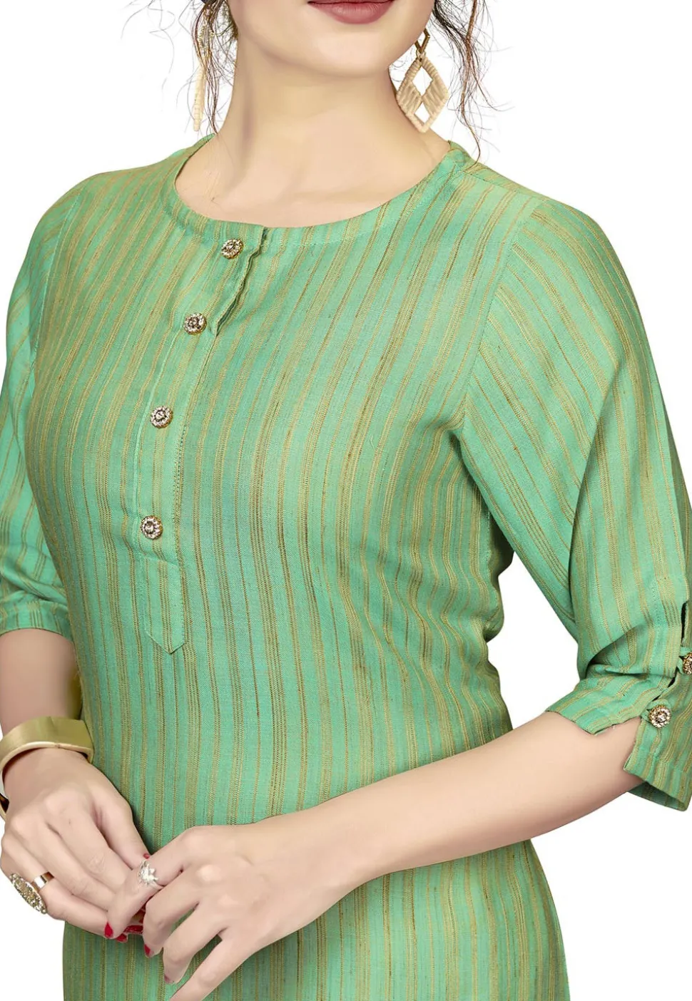 Stripe Printed Viscose Straight Kurta in Light Green