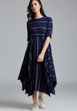 Striped Cotton Asymmetric Dress in Navy Blue