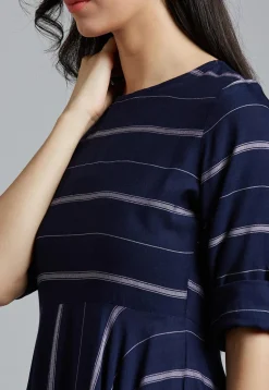 Striped Cotton Asymmetric Dress in Navy Blue