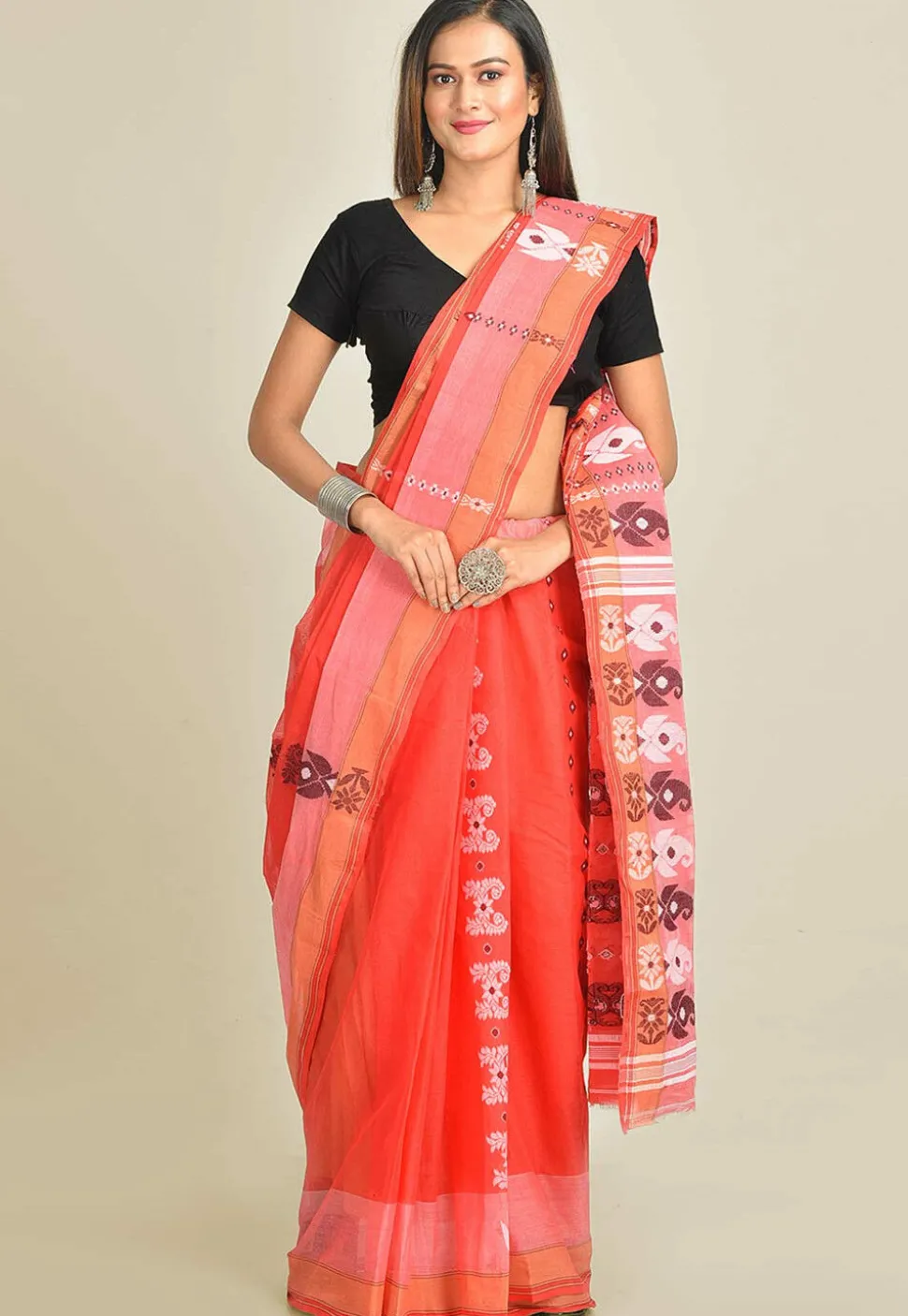 Tant Cotton Saree in Coral Red