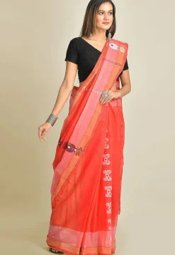 Tant Cotton Saree in Coral Red