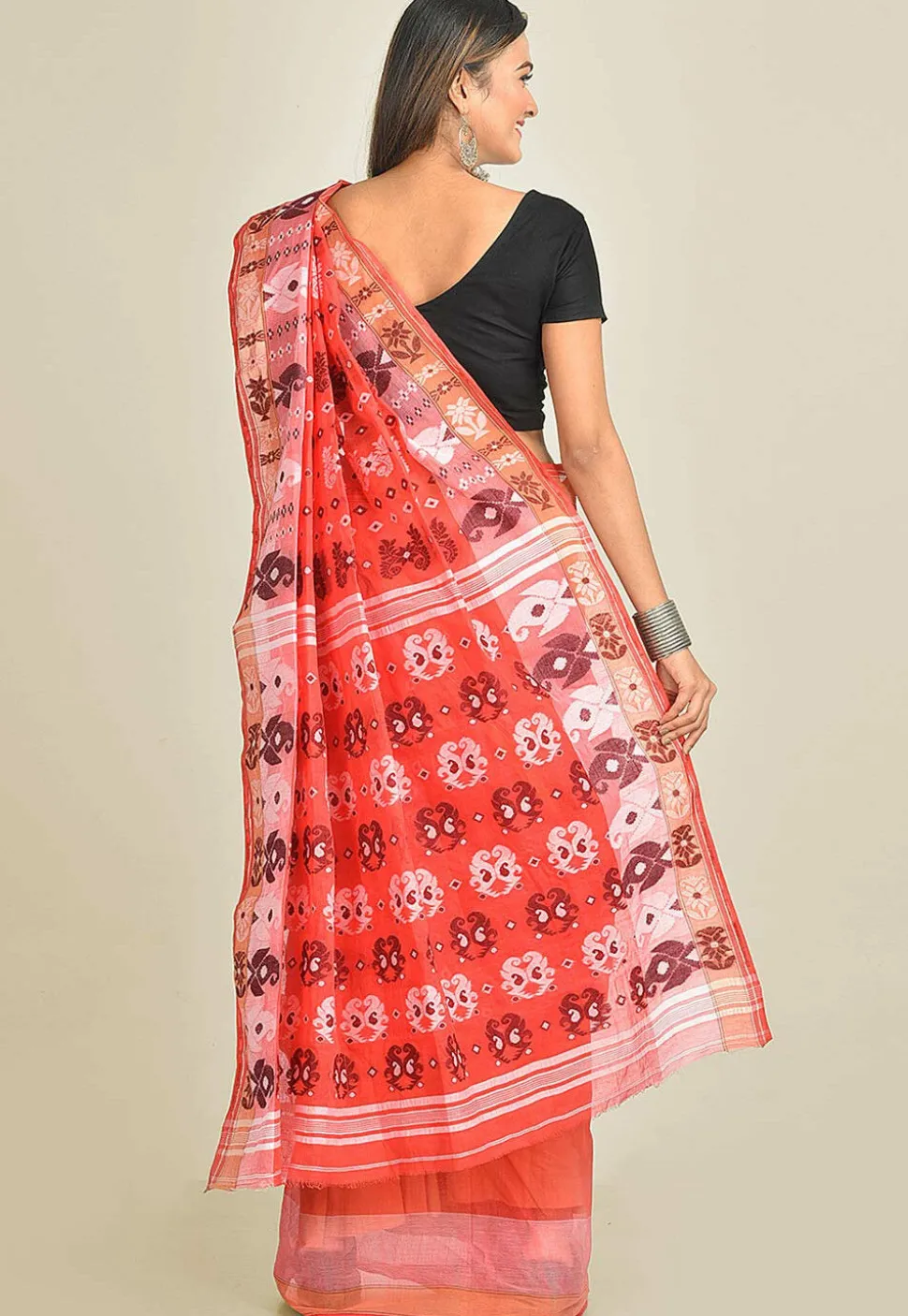 Tant Cotton Saree in Coral Red