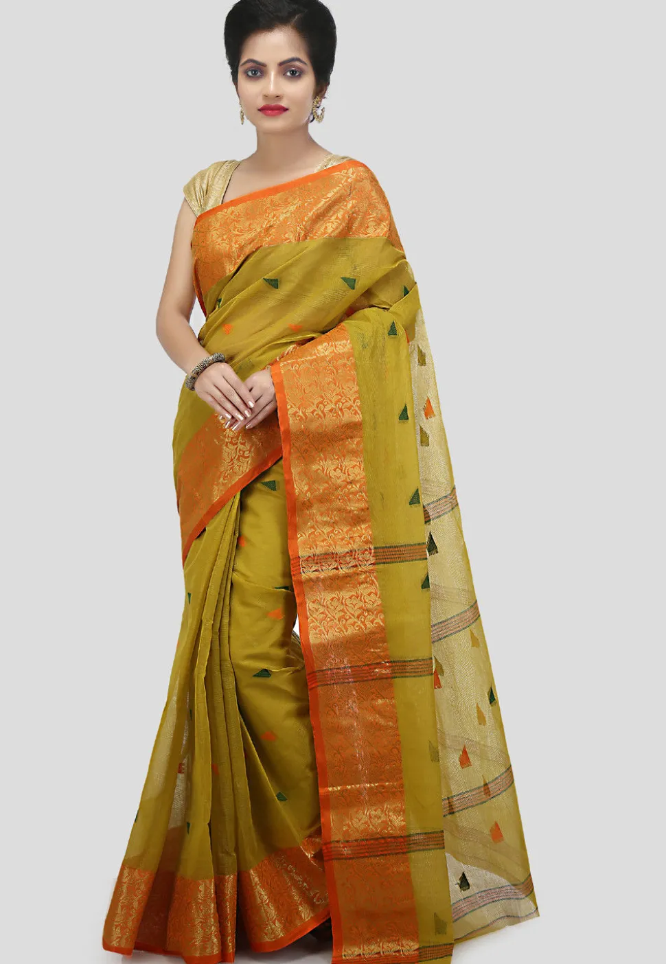 Tant Cotton Tant Handloom Saree in Olive Green