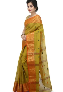Tant Cotton Tant Handloom Saree in Olive Green