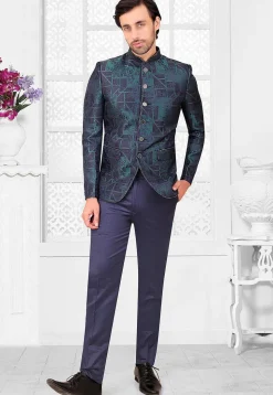 Terry Rayon Jacquard Asymmetric Jodhpuri Suit in Blue