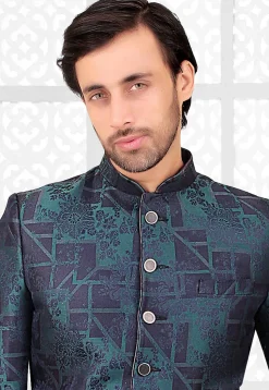 Terry Rayon Jacquard Asymmetric Jodhpuri Suit in Blue