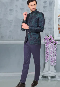 Terry Rayon Jacquard Asymmetric Jodhpuri Suit in Blue