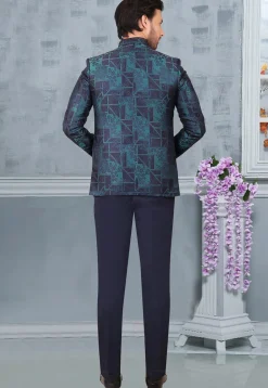 Terry Rayon Jacquard Asymmetric Jodhpuri Suit in Blue