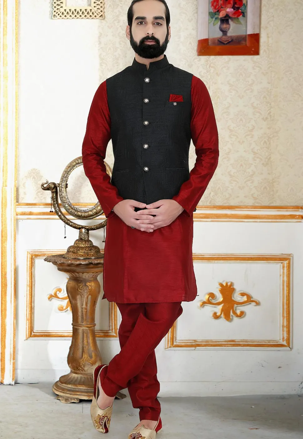 Textured Art Silk Nehru Jacket in Black