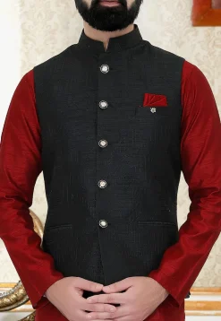 Textured Art Silk Nehru Jacket in Black