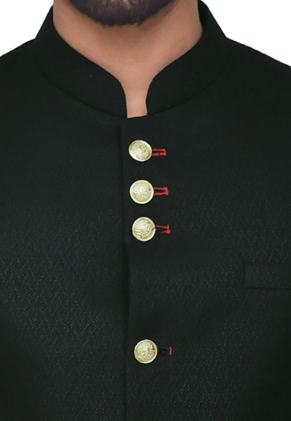 Textured Polyester Jacquard Jodhpuri Suit in Black