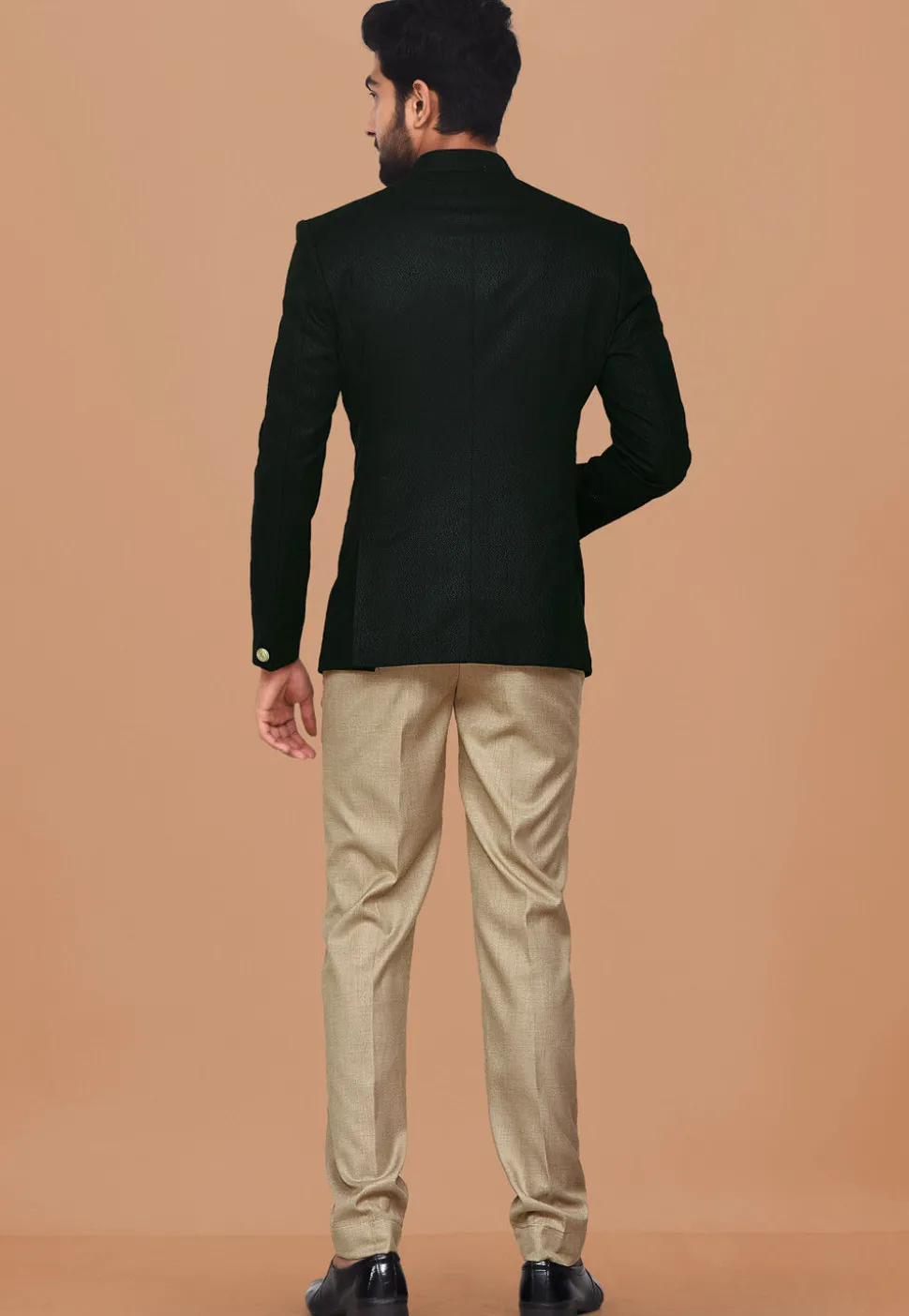 Textured Polyester Jacquard Jodhpuri Suit in Black