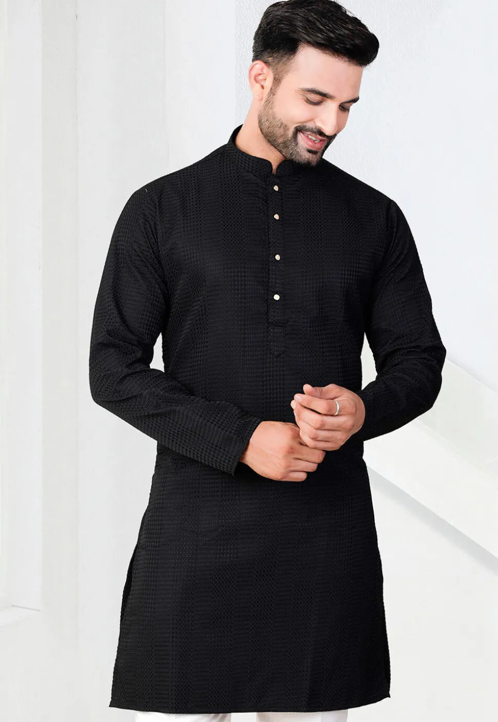 Textured Rayon Kurta in Black