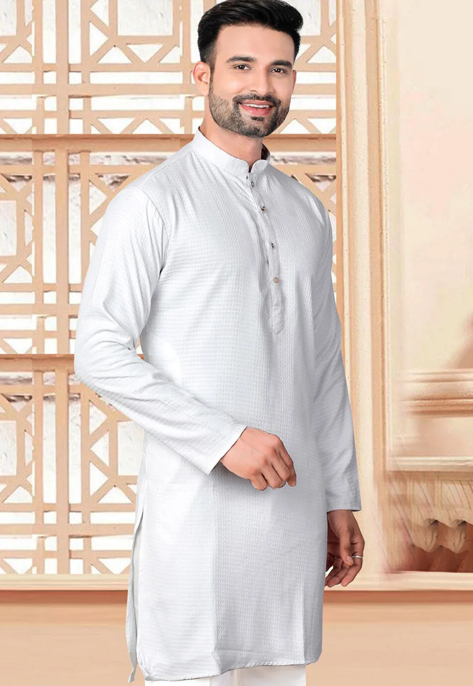Textured Rayon Kurta in Off White