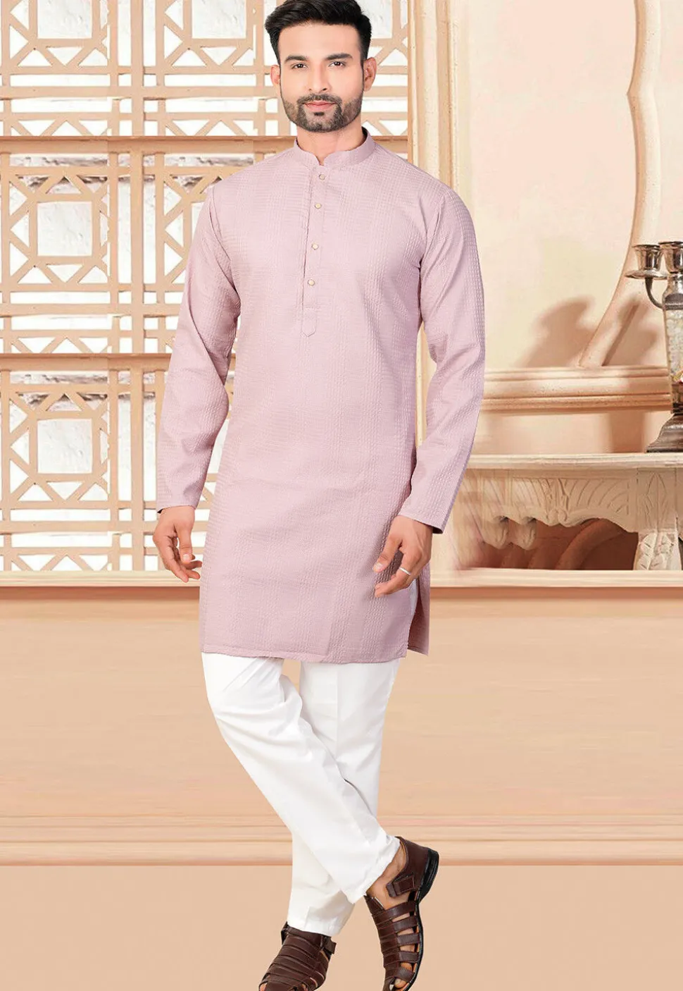 Textured Rayon Kurta in Pink