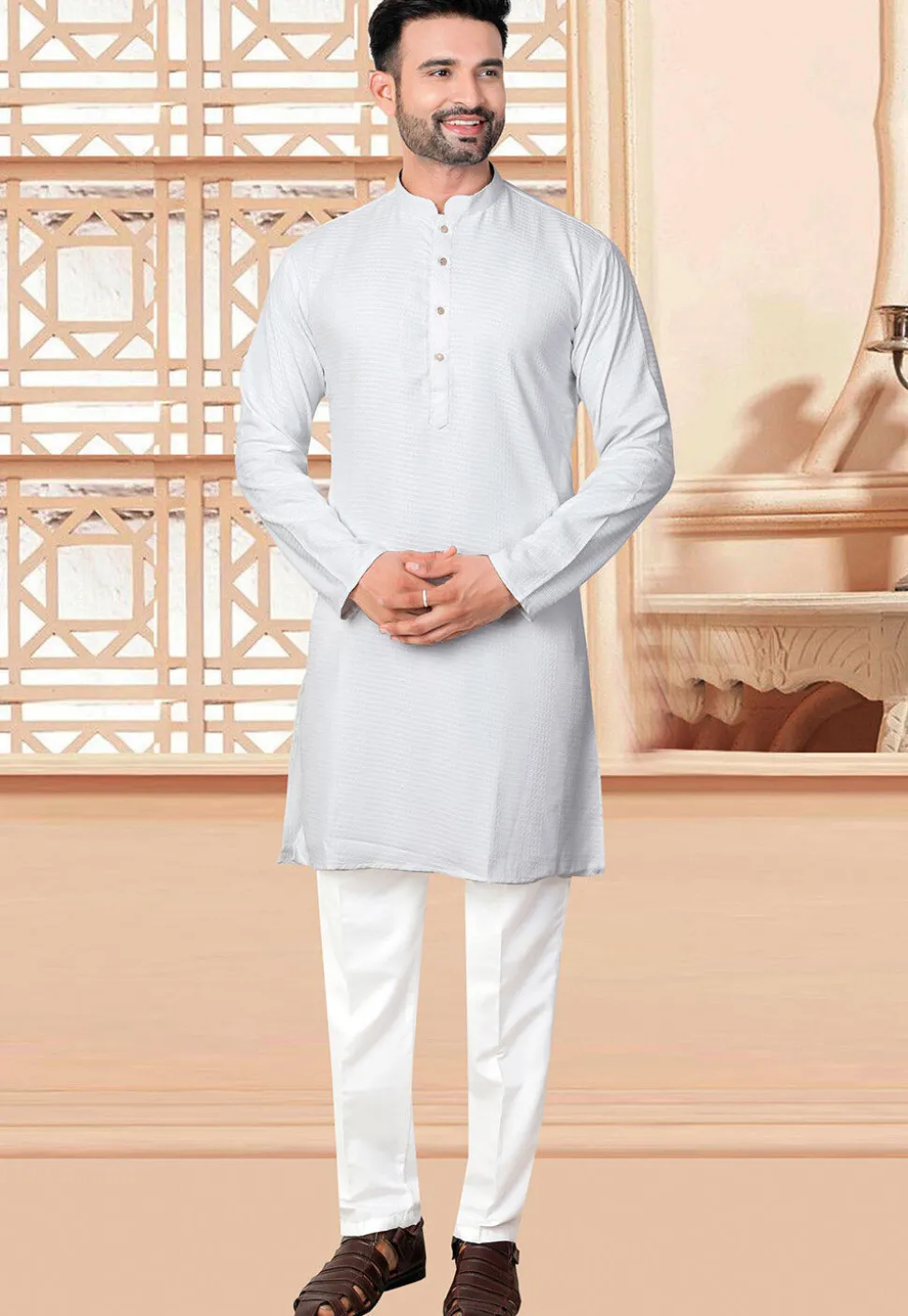 Textured Rayon Kurta Set in Off White