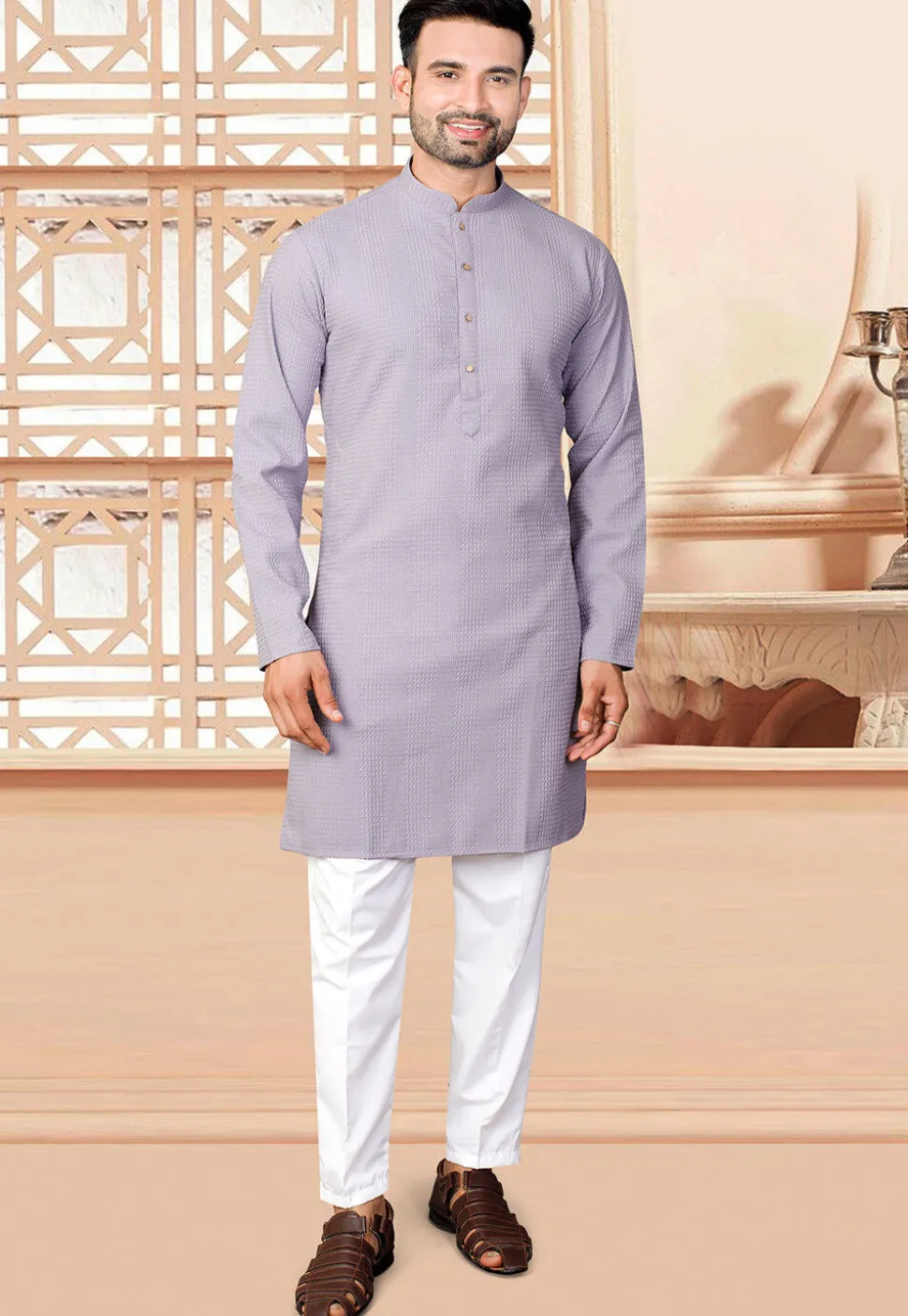 Textured Rayon Kurta Set in Purple