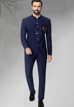 Textured Terry Rayon Jodhpuri Jacket in Navy Blue