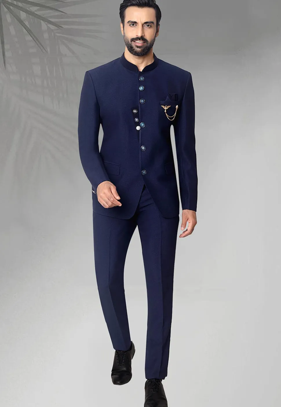 Textured Terry Rayon Jodhpuri Jacket in Navy Blue