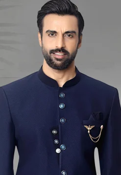 Textured Terry Rayon Jodhpuri Suit in Navy Blue