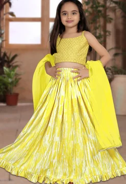 Tie Dye Printed Art Silk Lehenga in Yellow