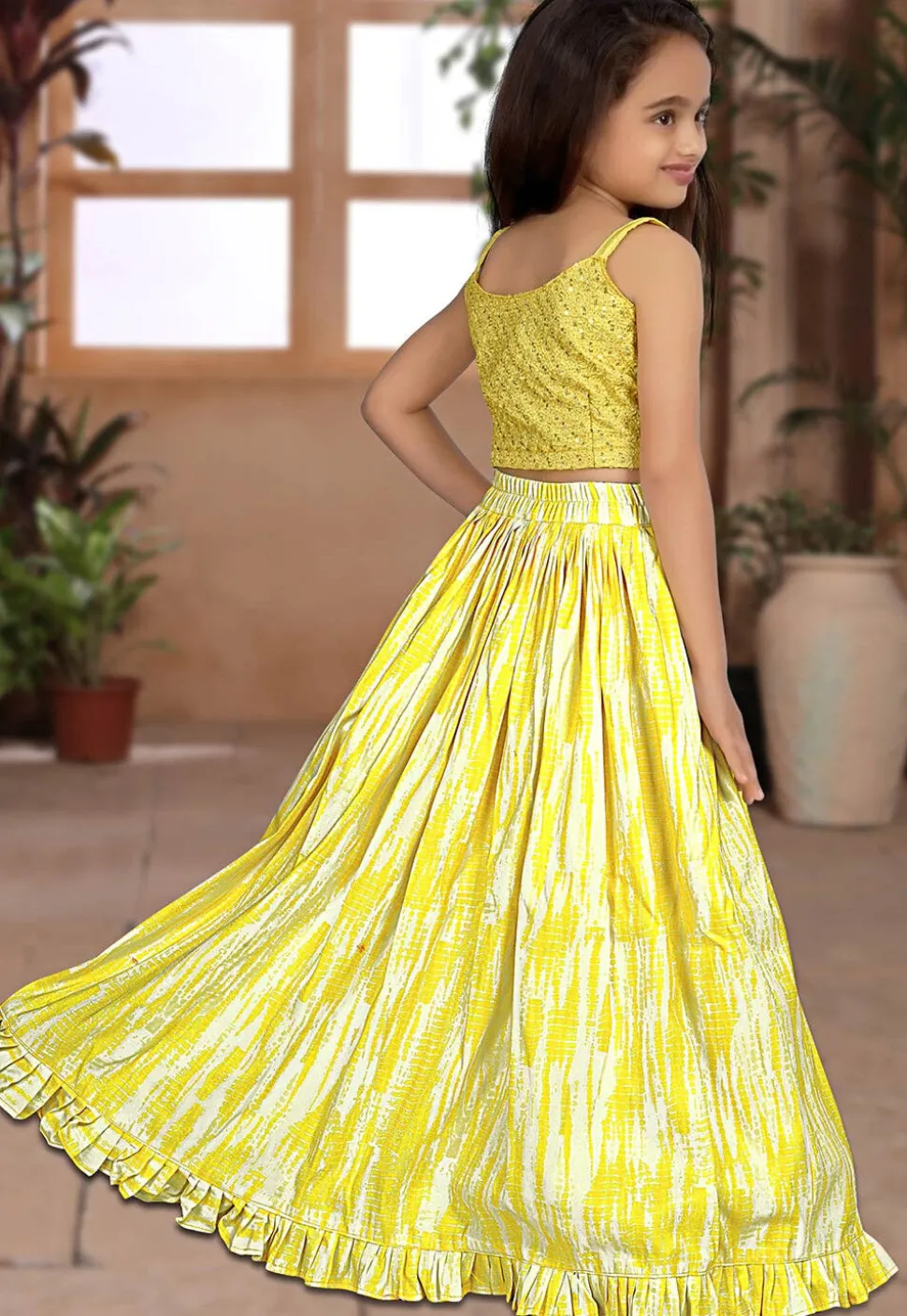 Tie Dye Printed Art Silk Lehenga in Yellow