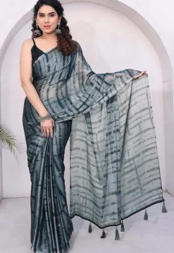 Tie Dye Printed Chiffon Saree in Grey