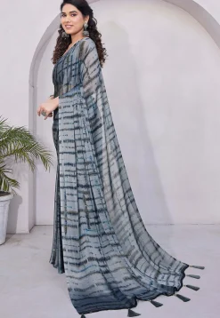 Tie Dye Printed Chiffon Saree in Grey