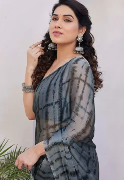 Tie Dye Printed Chiffon Saree in Grey