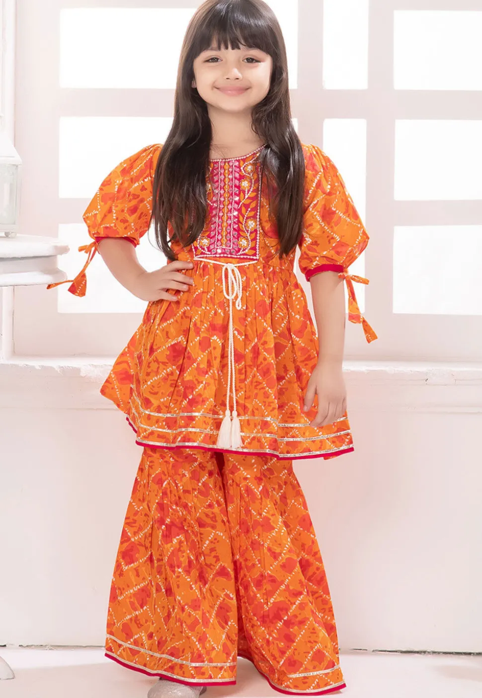 Tie Dye Printed Cotton A Line Kurti Set in Orange