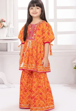 Tie Dye Printed Cotton A Line Kurti Set in Orange