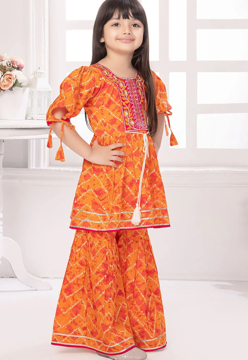Tie Dye Printed Cotton A Line Kurti Set in Orange