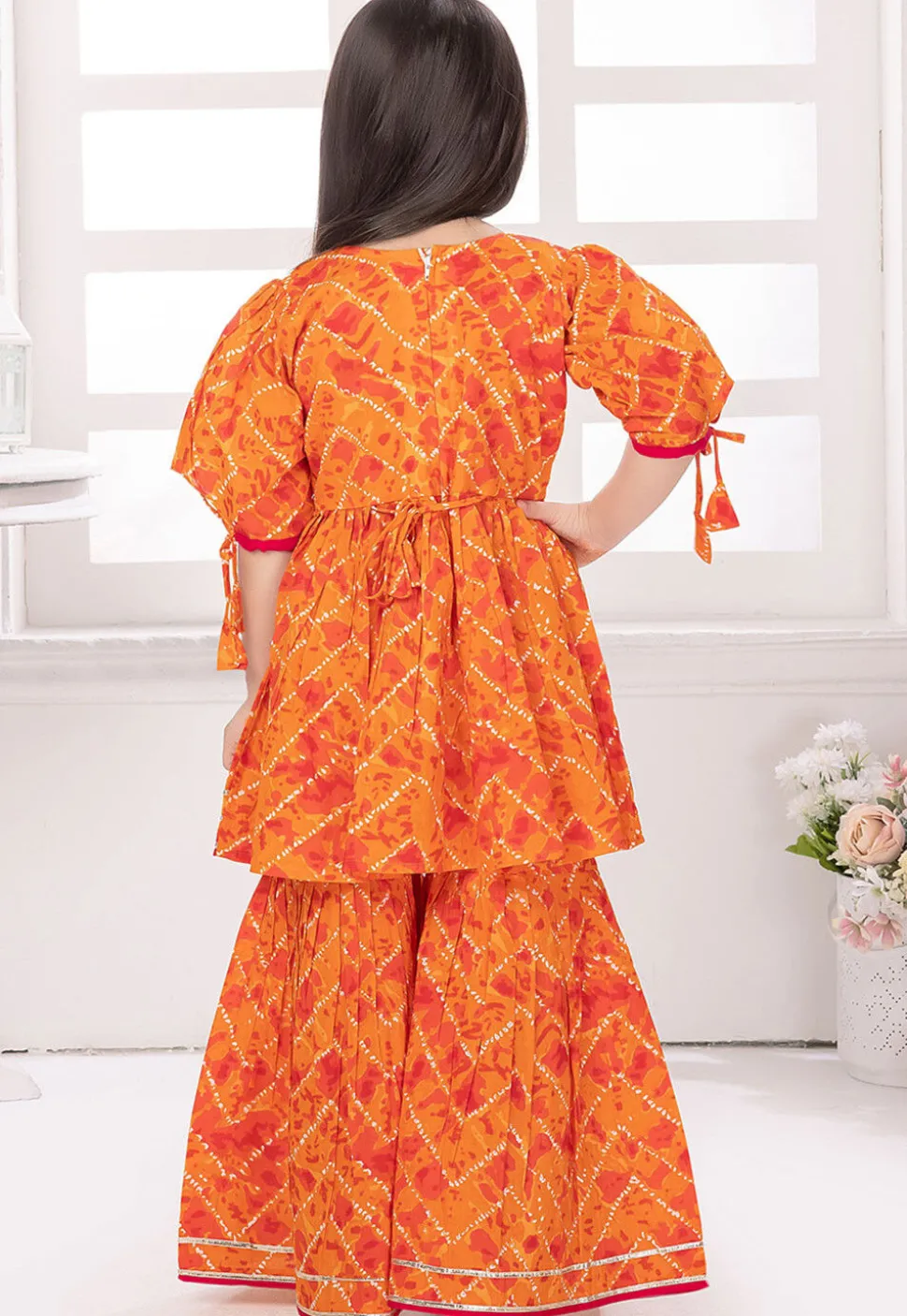Tie Dye Printed Cotton A Line Kurti Set in Orange