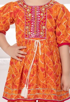 Tie Dye Printed Cotton A Line Kurti Set in Orange